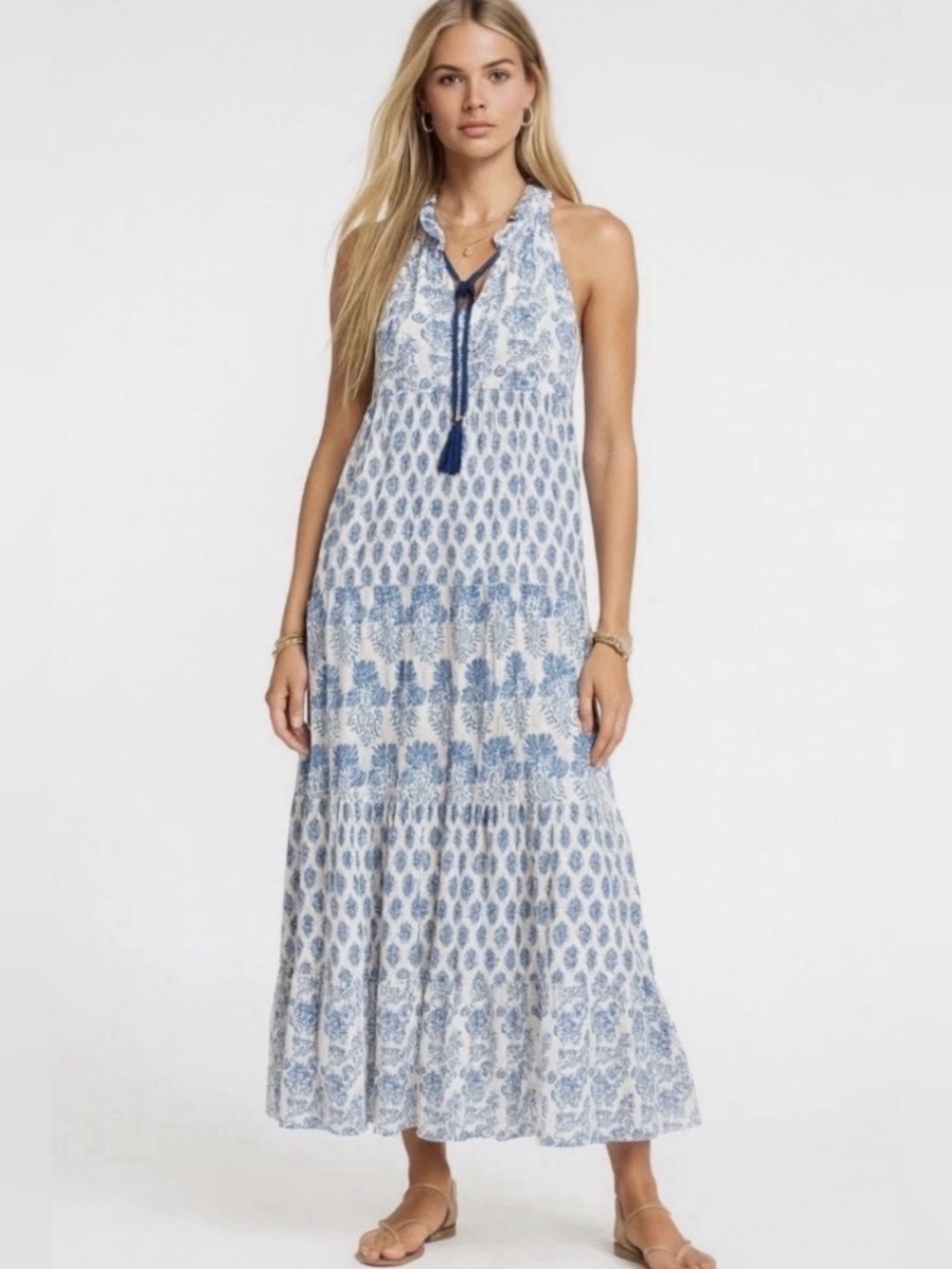 Calypso St Barth Daria Maxi Dress XL Blue & White Block Print Floral Cotton A5